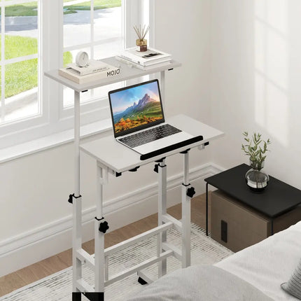 Mobile Standing Desk Height-Adjustable Laptop Cart with Split Top and Hanging Hooks-White - White - Laptop Tables &