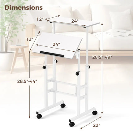 Mobile Standing Desk Height-Adjustable Laptop Cart with Split Top and Hanging Hooks-White - White - Laptop Tables &