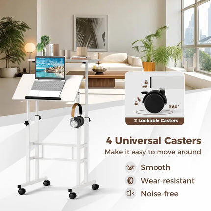 Mobile Standing Desk Height-Adjustable Laptop Cart with Split Top and Hanging Hooks-White - White - Laptop Tables &