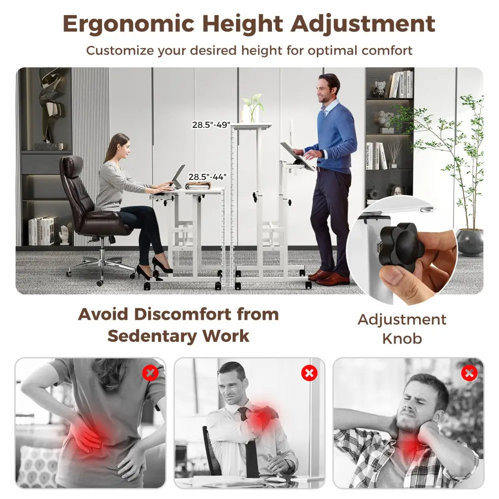 Mobile Standing Desk Height-Adjustable Laptop Cart with Split Top and Hanging Hooks-White - White - Laptop Tables &