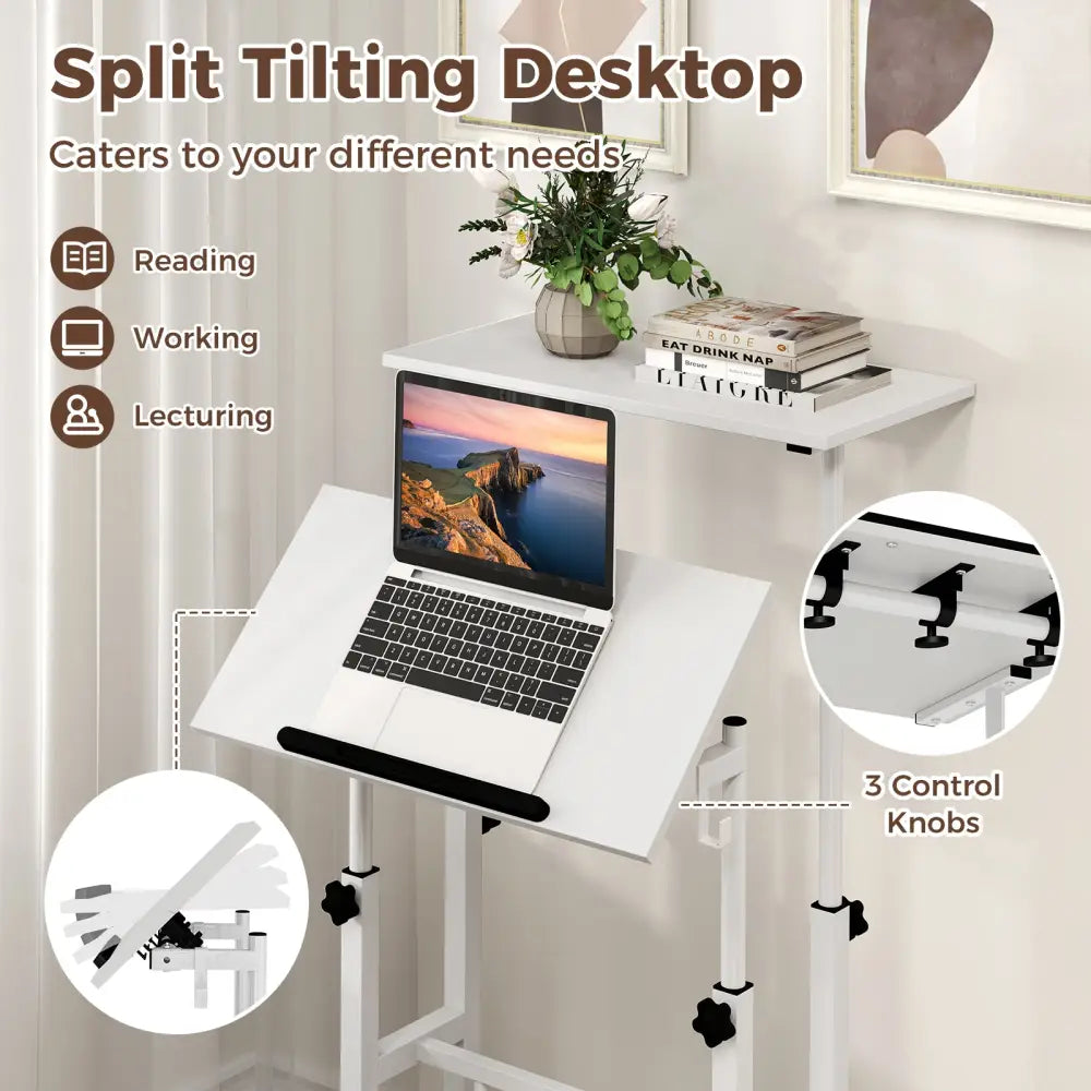 Mobile Standing Desk Height-Adjustable Laptop Cart with Split Top and Hanging Hooks-White - White - Laptop Tables &
