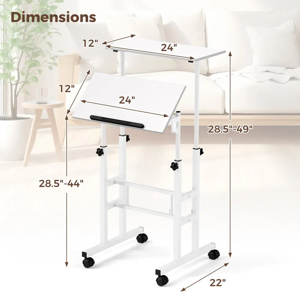 Mobile Standing Desk Height-Adjustable Laptop Cart with Split Top and Hanging Hooks-White - White - Laptop Tables &
