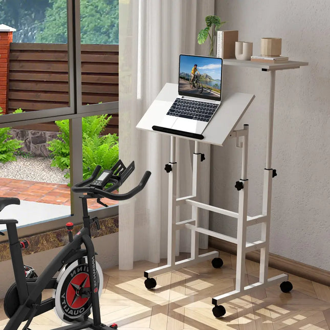 Mobile Standing Desk Height-Adjustable Laptop Cart with Split Top and Hanging Hooks-White - White - Laptop Tables &