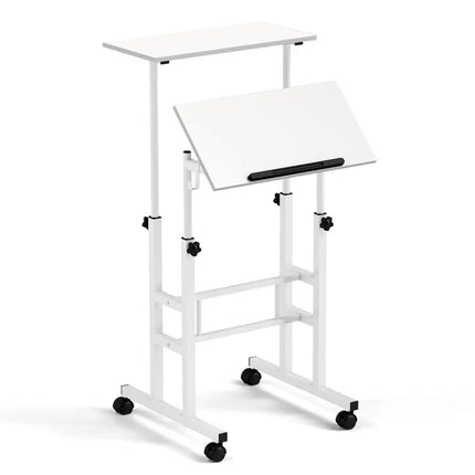Mobile Standing Desk Height-Adjustable Laptop Cart with Split Top and Hanging Hooks-White - White - Laptop Tables &