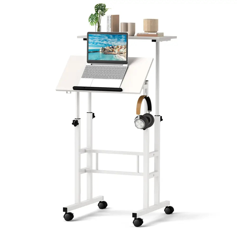 Mobile Standing Desk Height-Adjustable Laptop Cart with Split Top and Hanging Hooks-White - White - Laptop Tables &