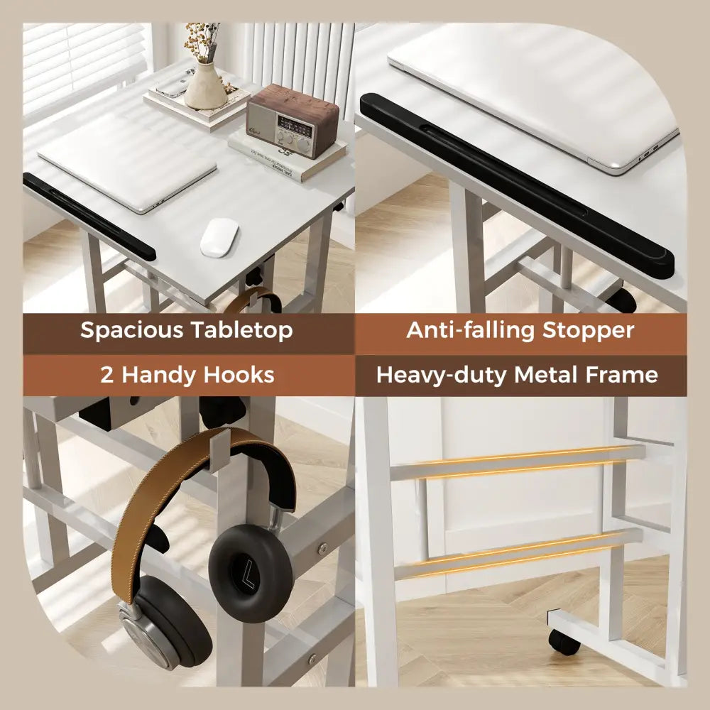 Mobile Standing Desk Height-Adjustable Laptop Cart with Split Top and Hanging Hooks-White - White - Laptop Tables &