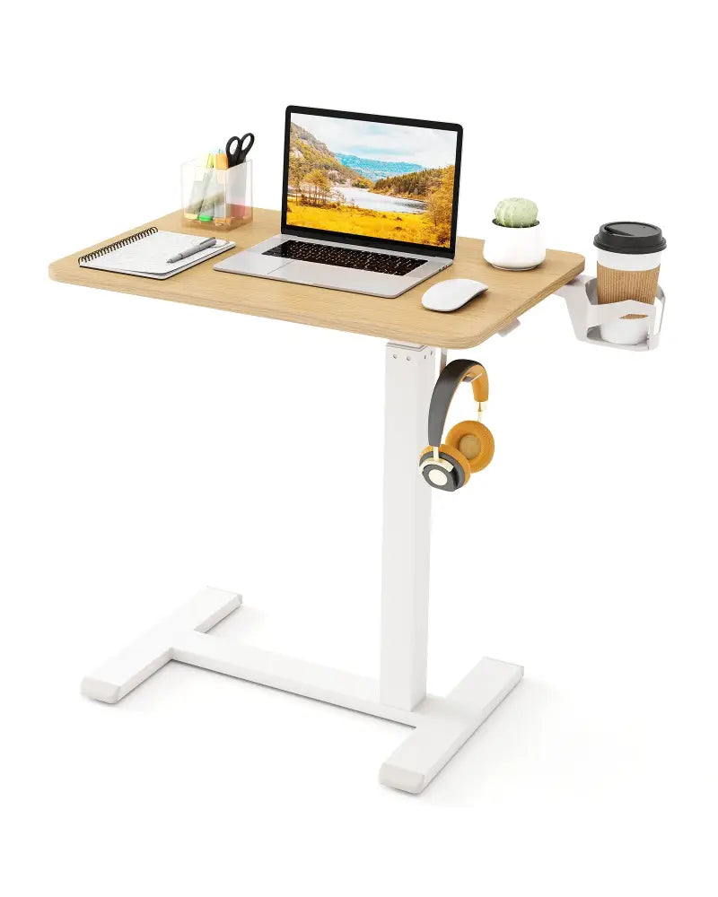 Mobile Standing Desk Height Adjustable Overbed Bedside Table with Cup Holder-Natural - Natural - End & Side Tables
