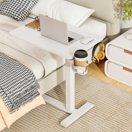 Mobile Standing Desk Height Adjustable Overbed Bedside Table with Cup Holder-White - White - End & Side Tables