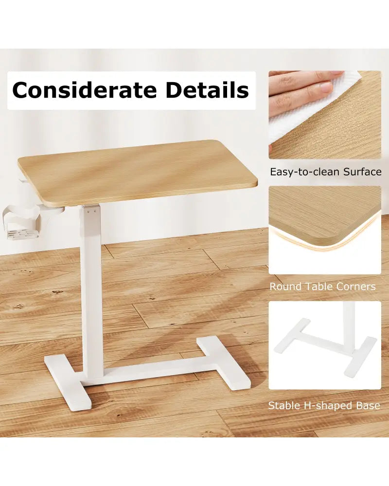 Mobile Standing Desk Height Adjustable Overbed Bedside Table with Cup Holder-Natural - Natural - End & Side Tables