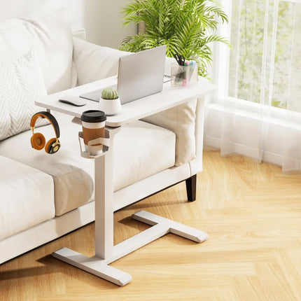 Mobile Standing Desk Height Adjustable Overbed Bedside Table with Cup Holder-White - White - End & Side Tables