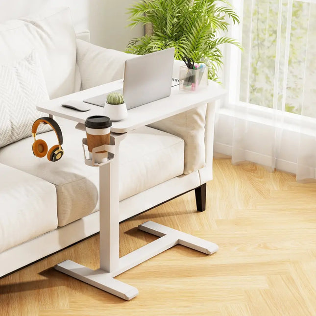 Mobile Standing Desk Height Adjustable Overbed Bedside Table with Cup Holder-White - White - End & Side Tables
