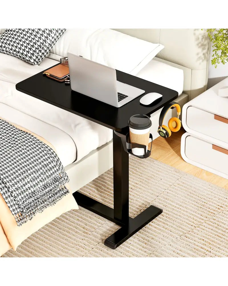 Mobile Standing Desk Height Adjustable Overbed Bedside Table with Cup Holder-Black - Black - End & Side Tables