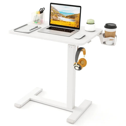 Mobile Standing Desk Height Adjustable Overbed Bedside Table with Cup Holder-White - White - End & Side Tables
