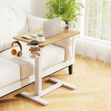 Mobile Standing Desk Height Adjustable Overbed Bedside Table with Cup Holder-Natural - Natural - End & Side Tables