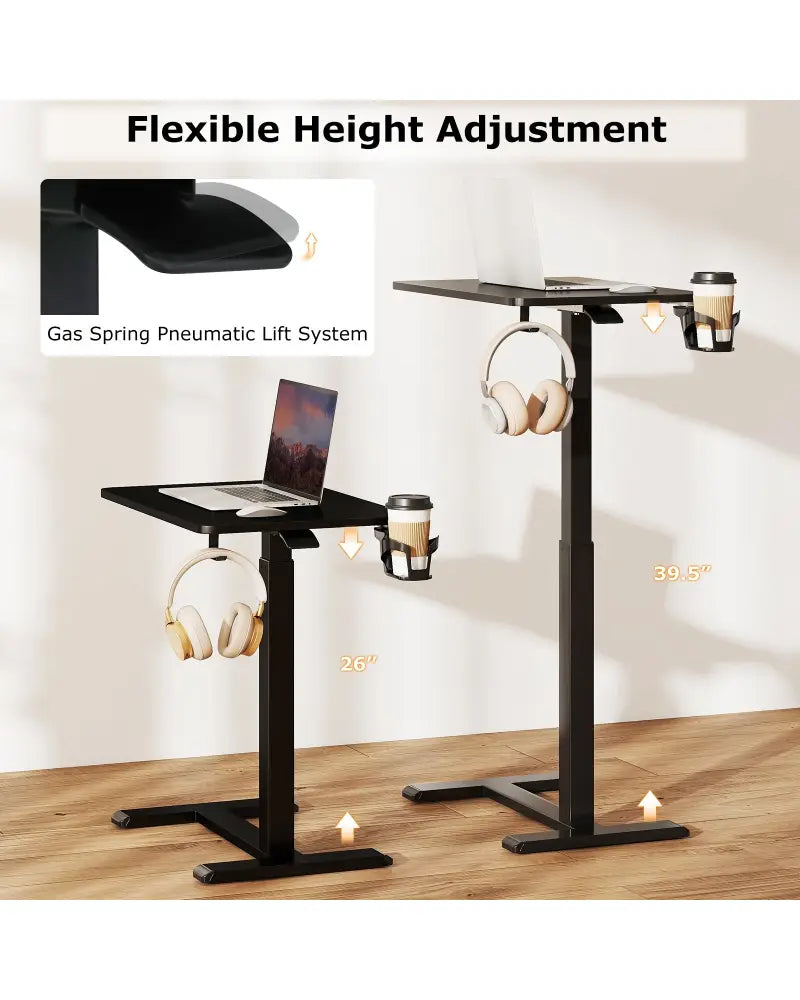 Mobile Standing Desk Height Adjustable Overbed Bedside Table with Cup Holder-Black - Black - End & Side Tables