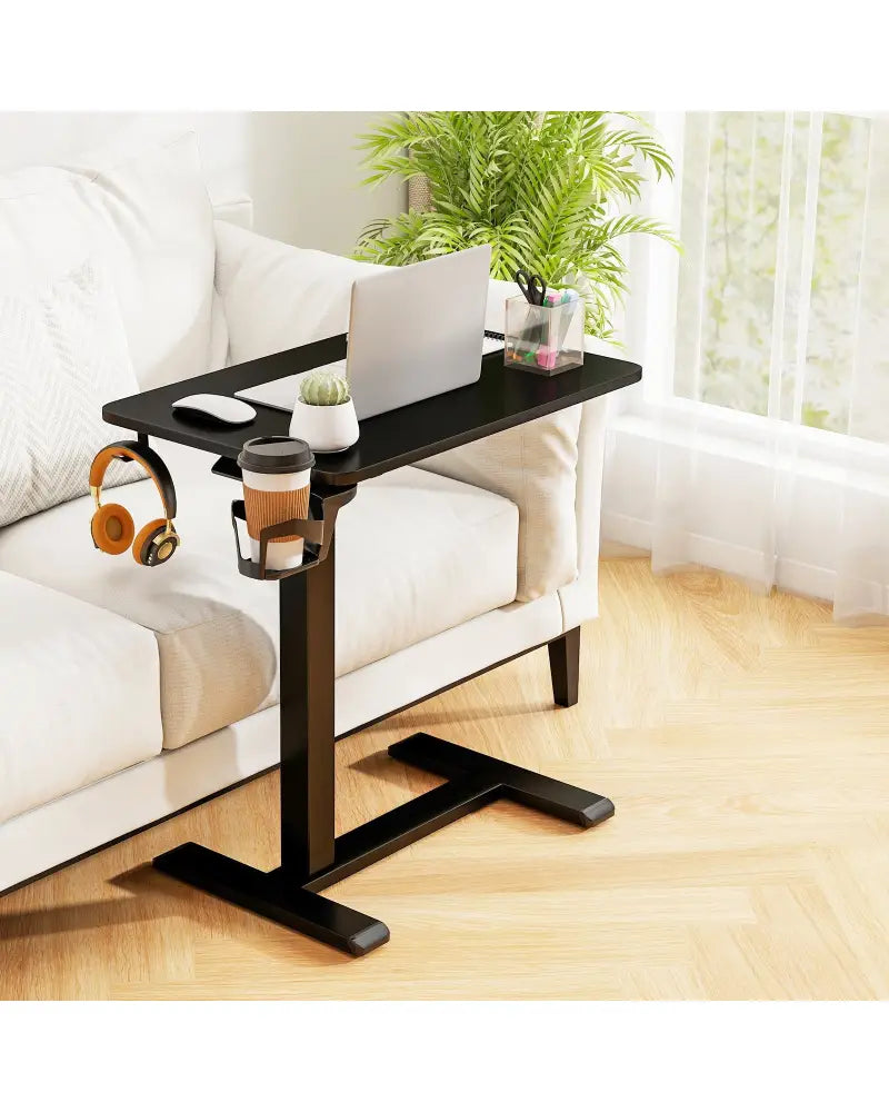 Mobile Standing Desk Height Adjustable Overbed Bedside Table with Cup Holder-Black - Black - End & Side Tables