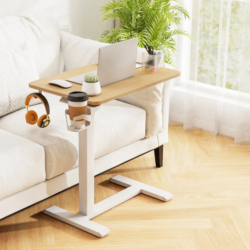 Mobile Standing Desk Height Adjustable Overbed Bedside Table with Cup Holder-Natural - Natural - End & Side Tables