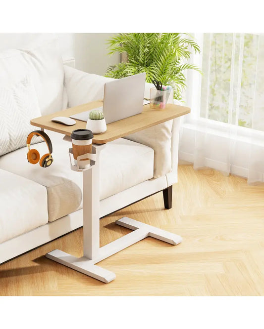 Mobile Standing Desk Height Adjustable Overbed Bedside Table with Cup Holder-Natural - Natural - End & Side Tables