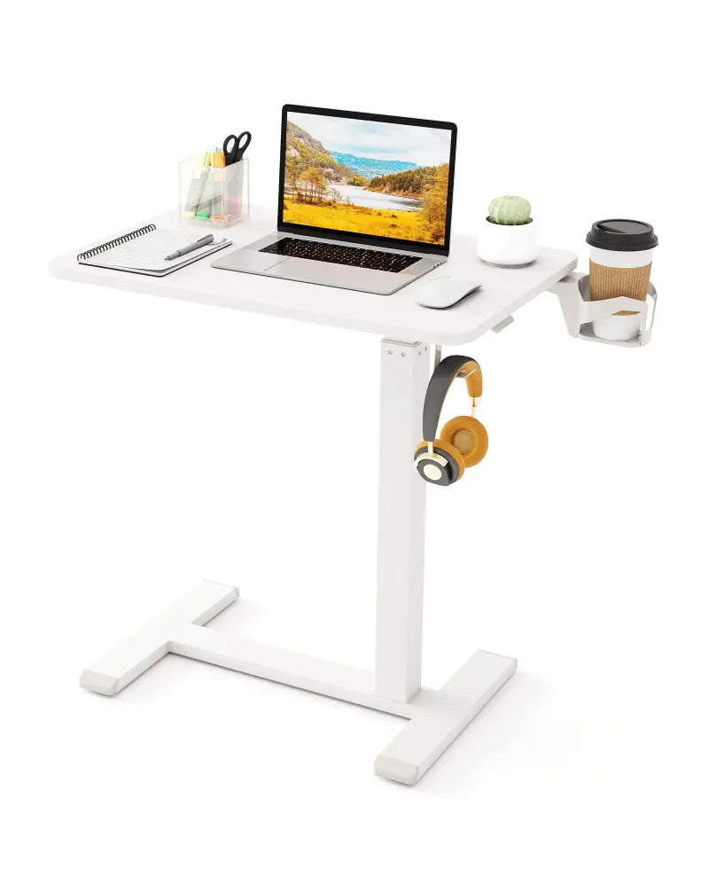 Mobile Standing Desk Height Adjustable Overbed Bedside Table with Cup Holder-White - White - End & Side Tables