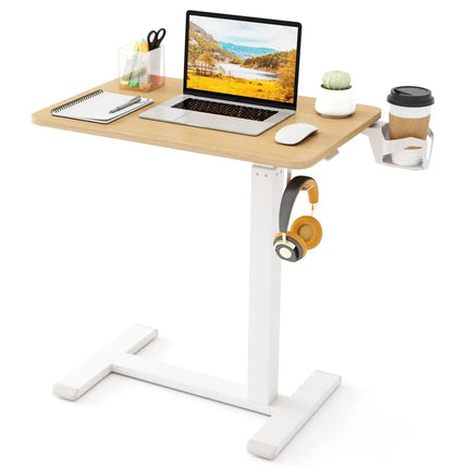 Mobile Standing Desk Height Adjustable Overbed Bedside Table with Cup Holder-Natural - Natural - End & Side Tables