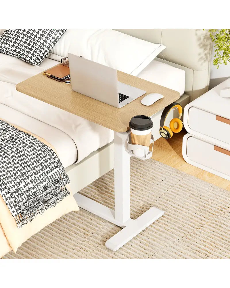 Mobile Standing Desk Height Adjustable Overbed Bedside Table with Cup Holder-Natural - Natural - End & Side Tables