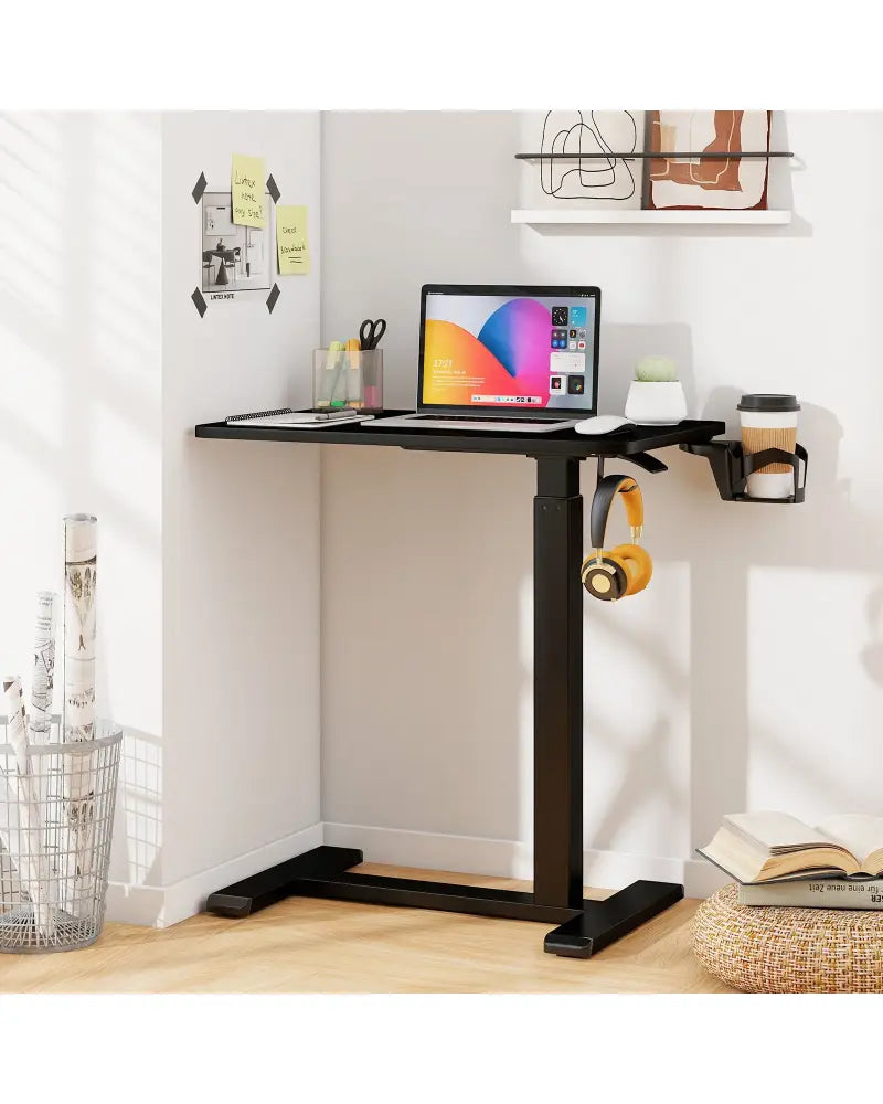 Mobile Standing Desk Height Adjustable Overbed Bedside Table with Cup Holder-Black - Black - End & Side Tables