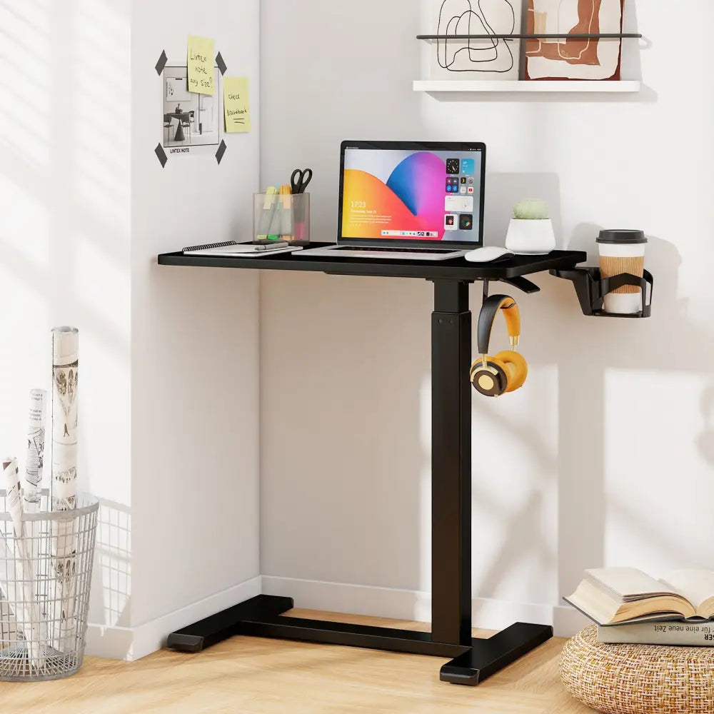 Mobile Standing Desk Height Adjustable Overbed Bedside Table with Cup Holder-Black - Black - End & Side Tables