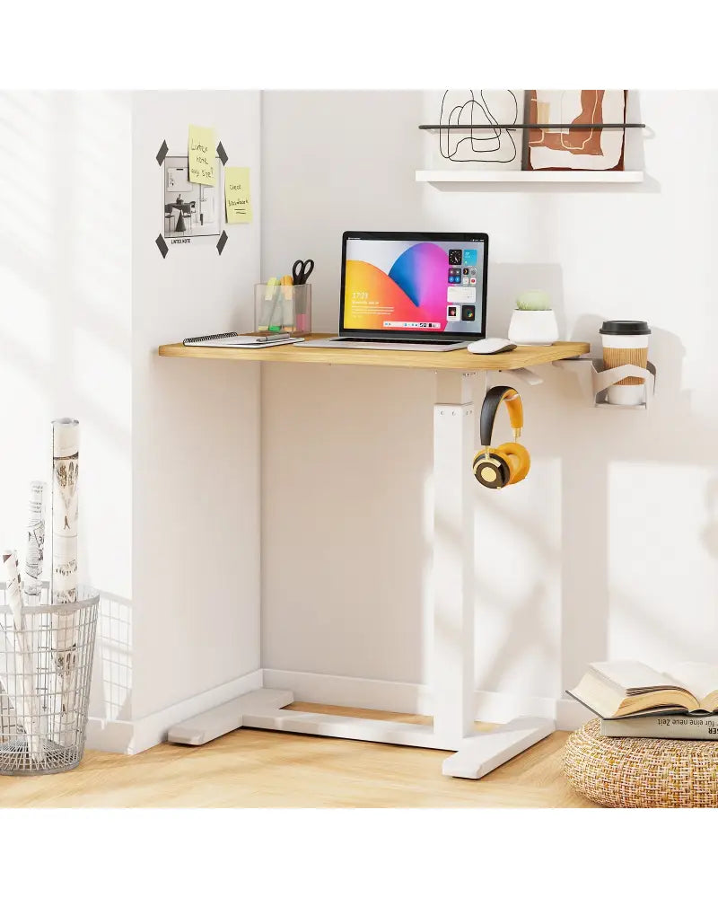 Mobile Standing Desk Height Adjustable Overbed Bedside Table with Cup Holder-Natural - Natural - End & Side Tables