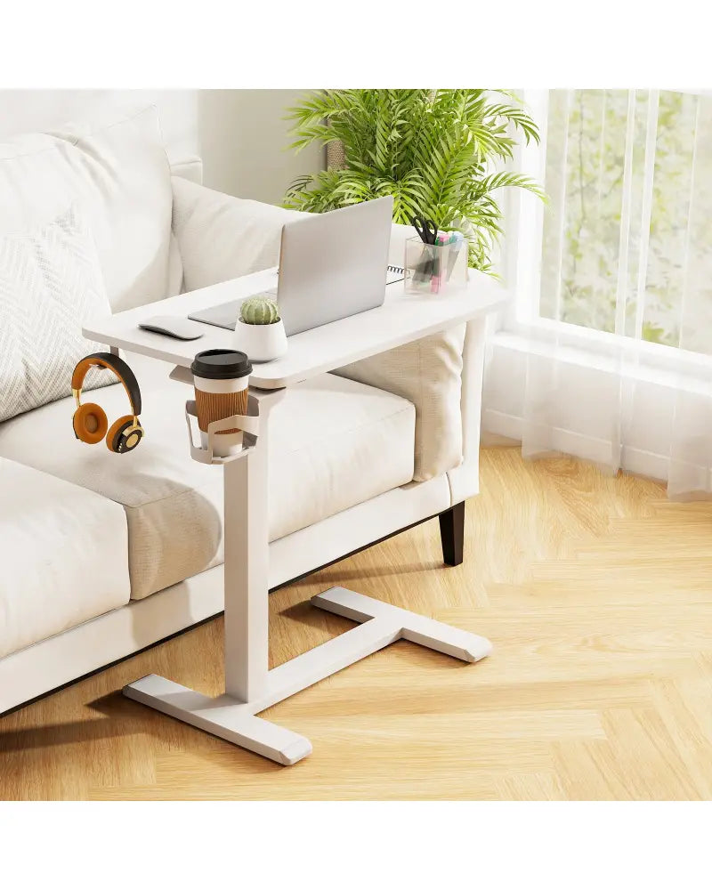 Mobile Standing Desk Height Adjustable Overbed Bedside Table with Cup Holder-White - White - End & Side Tables