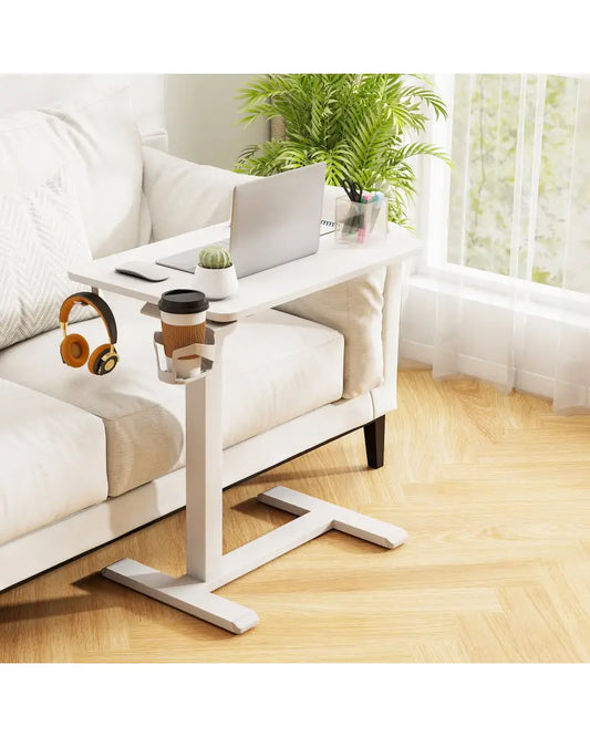 Mobile Standing Desk Height Adjustable Overbed Bedside Table with Cup Holder-White - White - End & Side Tables
