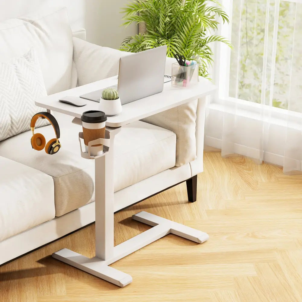 Mobile Standing Desk Height Adjustable Overbed Bedside Table with Cup Holder-White - White - End & Side Tables