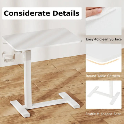Mobile Standing Desk Height Adjustable Overbed Bedside Table with Cup Holder-White - White - End & Side Tables