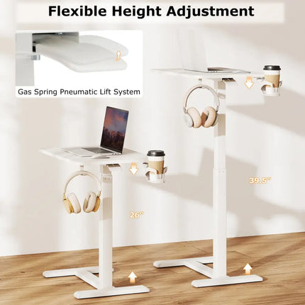 Mobile Standing Desk Height Adjustable Overbed Bedside Table with Cup Holder-White - White - End & Side Tables