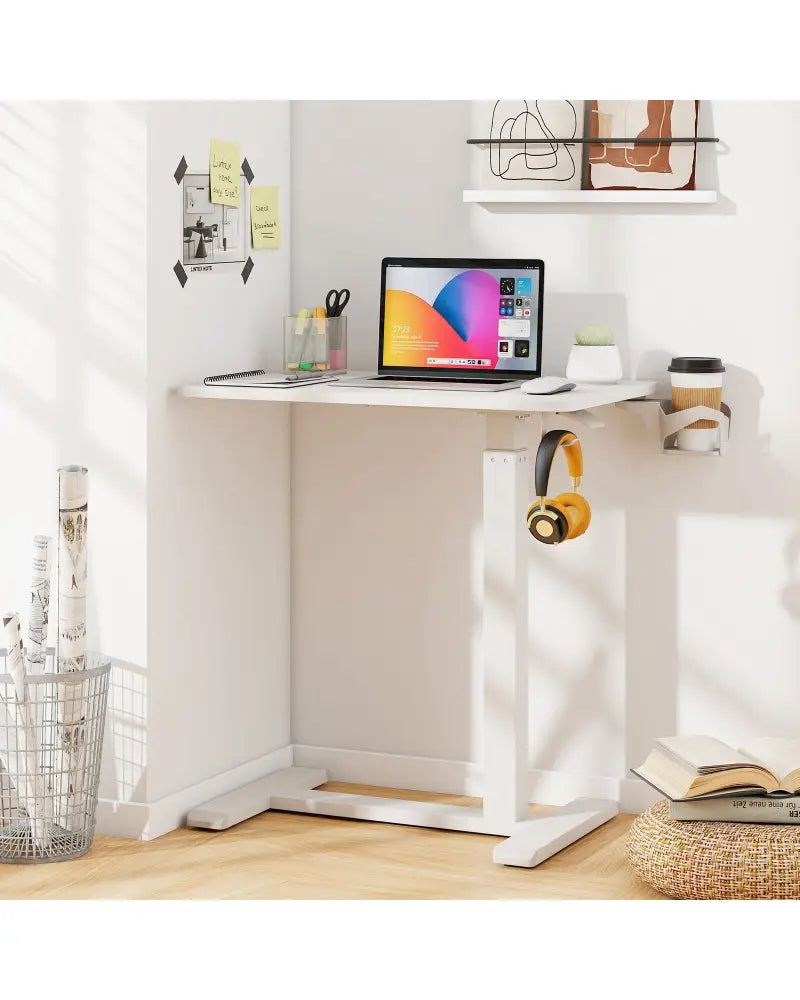 Mobile Standing Desk Height Adjustable Overbed Bedside Table with Cup Holder-White - White - End & Side Tables