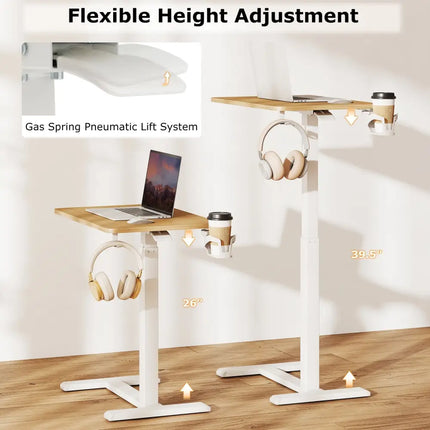 Mobile Standing Desk Height Adjustable Overbed Bedside Table with Cup Holder-Natural - Natural - End & Side Tables