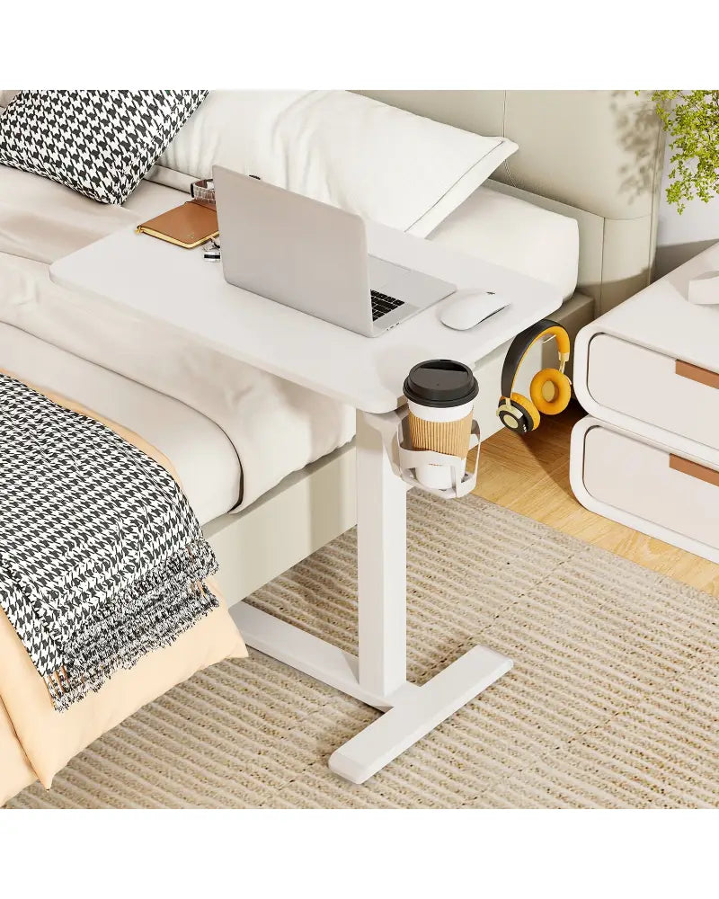 Mobile Standing Desk Height Adjustable Overbed Bedside Table with Cup Holder-White - White - End & Side Tables