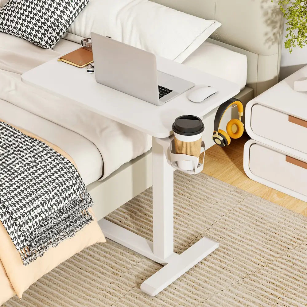 Mobile Standing Desk Height Adjustable Overbed Bedside Table with Cup Holder-White - White - End & Side Tables