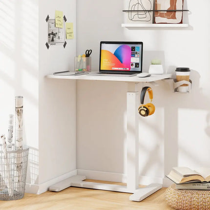 Mobile Standing Desk Height Adjustable Overbed Bedside Table with Cup Holder-White - White - End & Side Tables