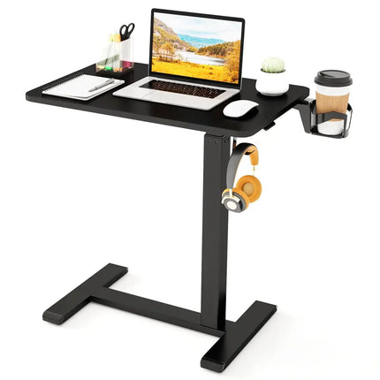 Mobile Standing Desk Height Adjustable Overbed Bedside Table with Cup Holder-Black - Black - End & Side Tables