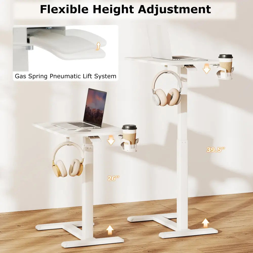 Mobile Standing Desk Height Adjustable Overbed Bedside Table with Cup Holder-White - White - End & Side Tables