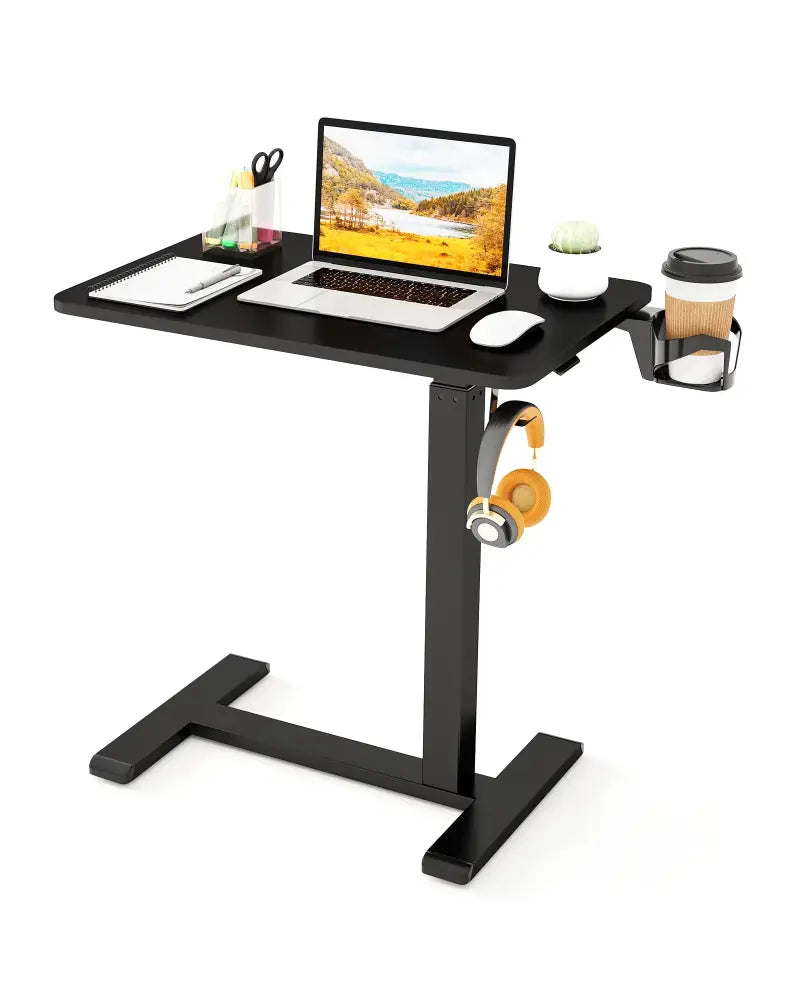 Mobile Standing Desk Height Adjustable Overbed Bedside Table with Cup Holder-Black - Black - End & Side Tables