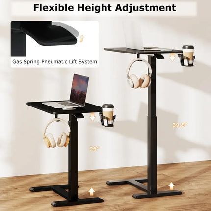 Mobile Standing Desk Height Adjustable Overbed Bedside Table with Cup Holder-Black - Black - End & Side Tables