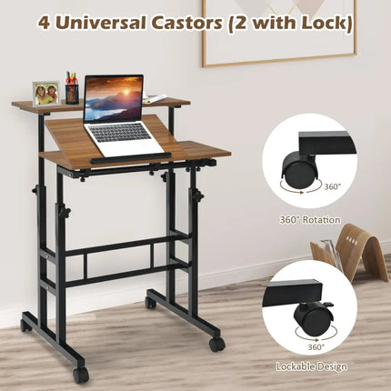 Mobile Standing up Desk Adjustable Computer Desk Tilting Workstation-Walnut - Walnut - Laptop Tables & Printer Stands
