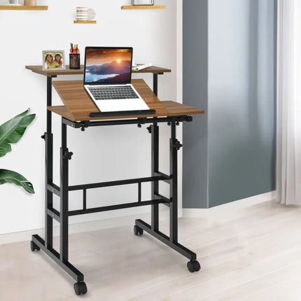Mobile Standing up Desk Adjustable Computer Desk Tilting Workstation-Walnut - Walnut - Laptop Tables & Printer Stands