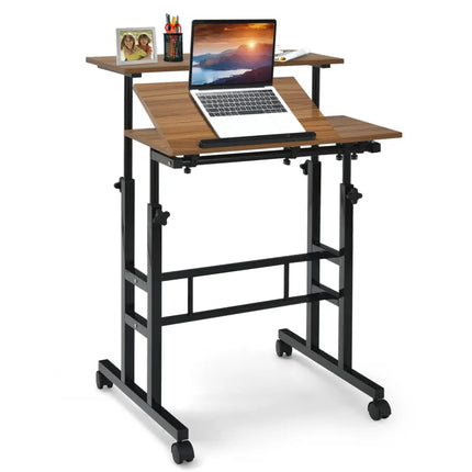 Mobile Standing up Desk Adjustable Computer Desk Tilting Workstation-Walnut - Walnut - Laptop Tables & Printer Stands