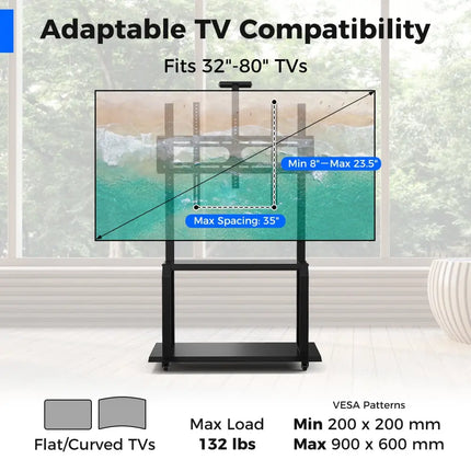 Mobile TV Stand with Camera Shelf and AV Shelves for 32-80 Inch Flat/Curved TVs - Black - Entertainment Centers & TV