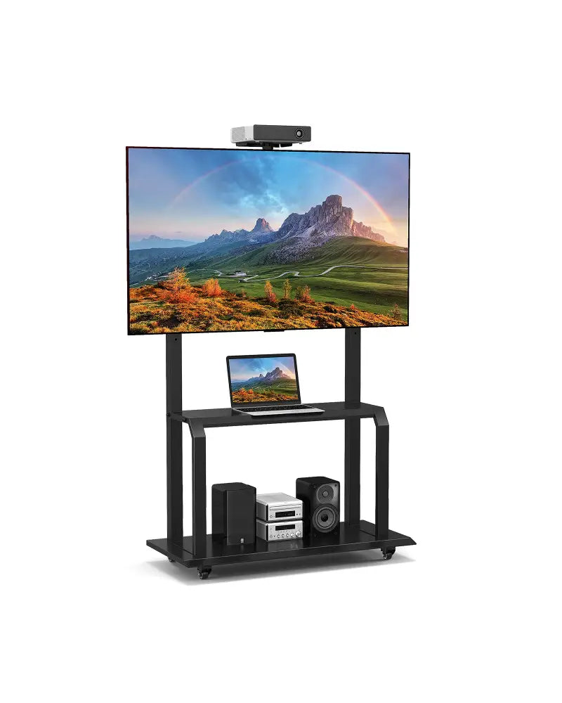 Mobile TV Stand with Camera Shelf and AV Shelves for 32-80 Inch Flat/Curved TVs - Black - Entertainment Centers & TV