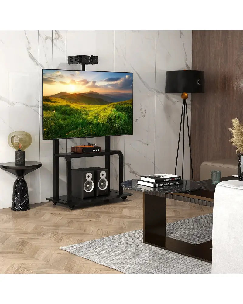 Mobile TV Stand with Camera Shelf and AV Shelves for 32-80 Inch Flat/Curved TVs - Black - Entertainment Centers & TV
