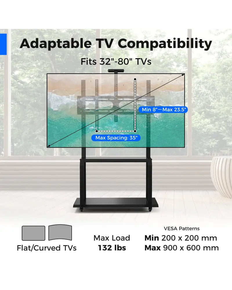 Mobile TV Stand with Camera Shelf and AV Shelves for 32-80 Inch Flat/Curved TVs - Black - Entertainment Centers & TV