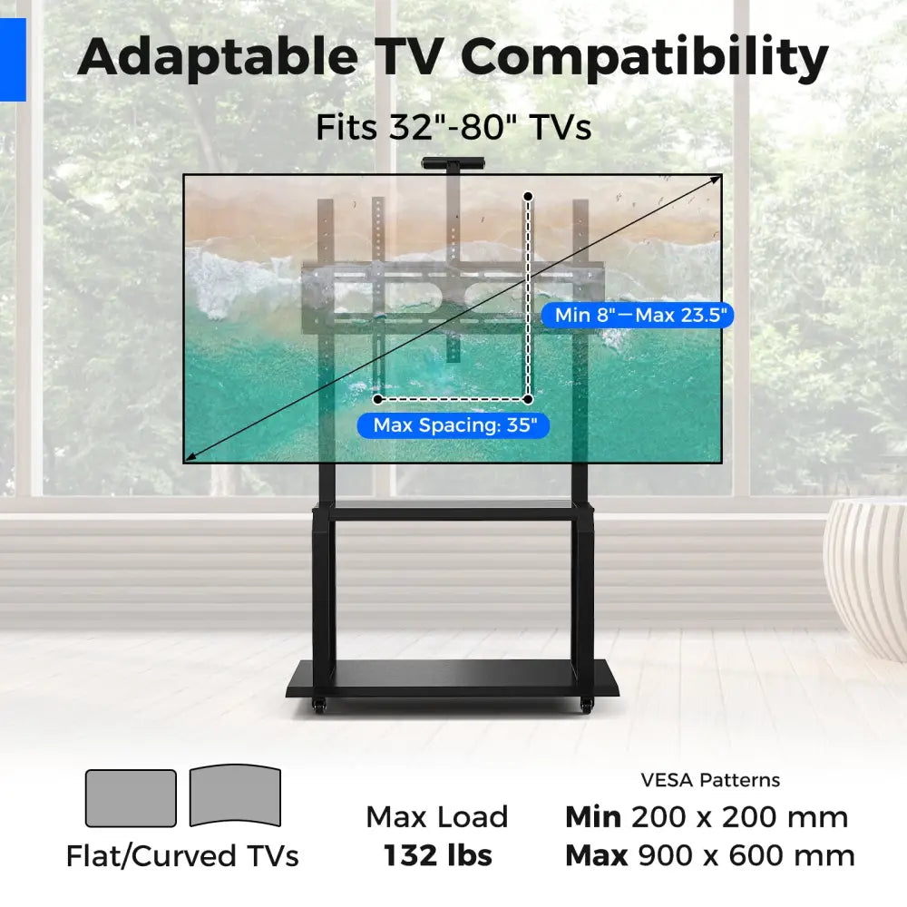 Mobile TV Stand with Camera Shelf and AV Shelves for 32-80 Inch Flat/Curved TVs - Black - Entertainment Centers & TV